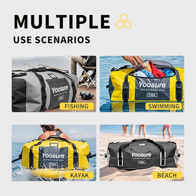 Airtight Zipper Waterproof Duffel Bag 110L- 700D PVC Dry Bag Extra Large Dry Bags with Straps&Handles for Camping Boating Kayaking Rafting Canoeing Gym Beach Car Roof Storage (Yellow)