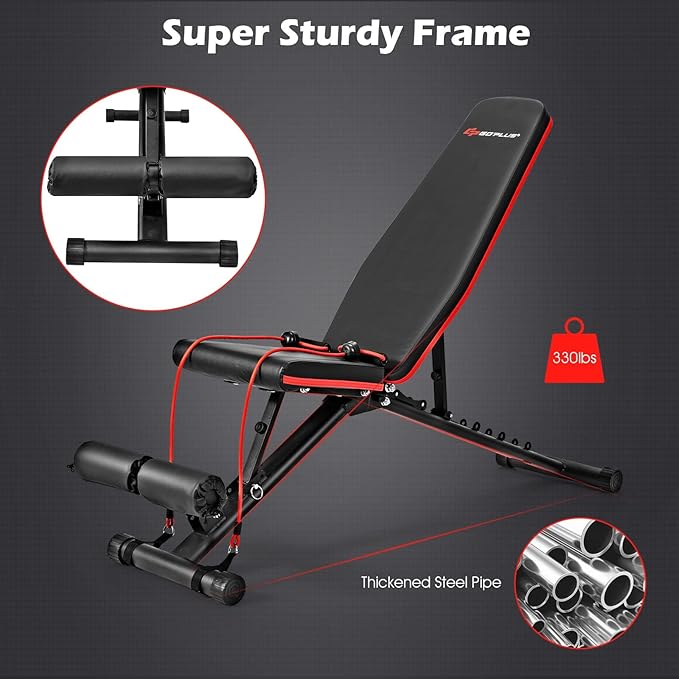 Goplus Adjustable Utility Weight Bench, Multifunctional Dumbbell Bench w/High Elastic Ropes for Strength Training, Max Weight 330lbs, Foldable Flat/Incline/Decline Bench Press for Home Gym Weightlifting