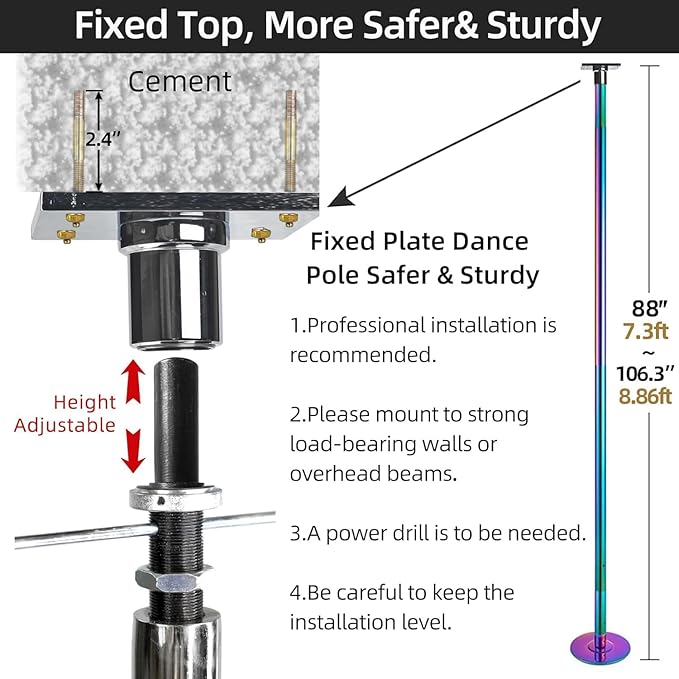 PRIOR FITNESS Permanent Fixed Dance Pole Kit, Professional 45mm Spinning & Static Dancing Pole Heavy-Duty Steel Pole Dance for Home, Adjustable Height Excellent for Home Exercise Studio Club Gym