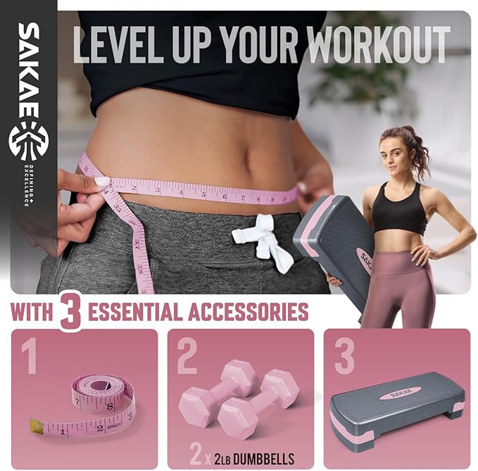 Adjustable Height Aerobic Stepper Set, Multiple Bundle Options with Dumbbells, Kettlebell, Waist Trimmer, Ankle Weights or Weighted Vest, Workout Exercise Step Platform w/Level Risers, 4 Colors