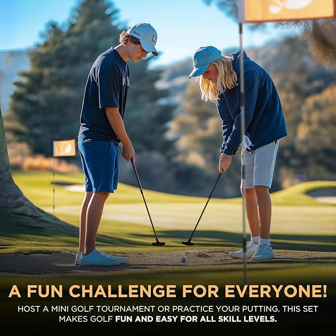 Golf & Mini Golf Complete Setup, 3X Pin Flags & Putting Green Hole Cups, 2X Adjustable Putters, Digger, Hole Cutter & More, for Grass Backyard, Beach, Driving Range Gift Set