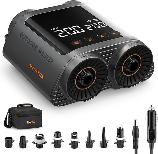 OutdoorMaster Vortex Paddle Board Pump Electric Portable, Max 20PSI SUP Air Pump Inflator & Deflator, 12V/15.8V DC Input, Auto Off & Cooling, 8 Nozzles Pump for Paddle Board, Inflatables - No Battery