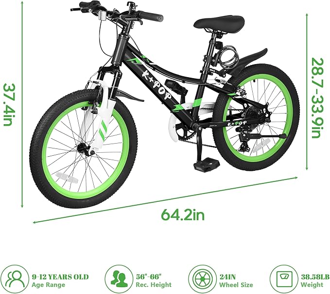 20 24 Inch Kids Bike, 7-Speed Girls Boy Mountain Bike, Front Suspension Fork Kids' Bicycles Girls Boys Bikes Ages 8-12, Front and Rear V Brakes