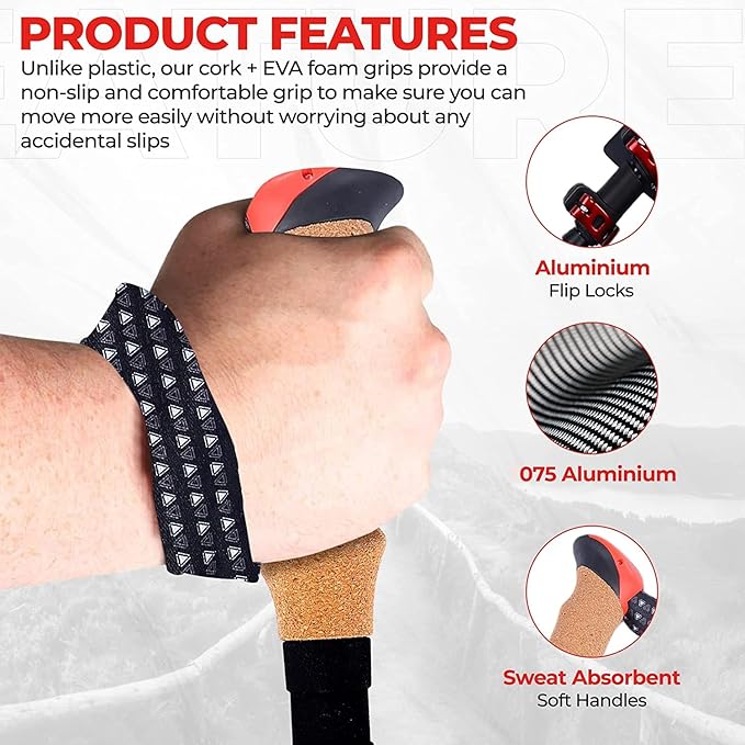 Adventure Pro Trekking Poles for Hiking - Anti Slip Collapsible Walking Sticks for Travel with Cork and Eva Grip, Lightweight Hiking Poles for Men and Women, 2 Sticks in 1PACK