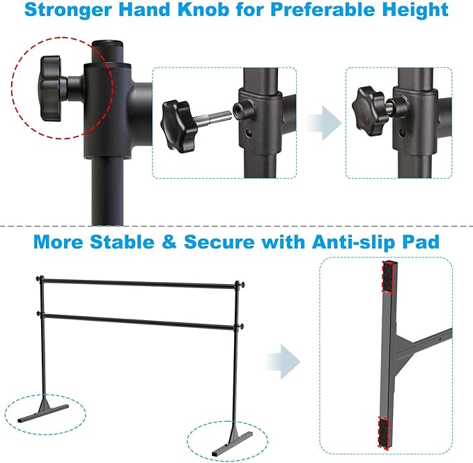 4FT/5FT/6FT Freestanding Ballet Barre 10 Height Adjustable from 11 to 47 inch Ballet Bar 350 lbs Capacity Portable Double Dance Bar for Home Workout and Stretch