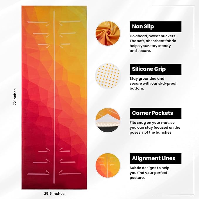 Yoga Drip Yoga Towel - Non Slip Hot Yoga Mat Towel With Corner Pockets, No-Skid Grip, and Built-in Alignment Lines | Soft, Moisture Wicking, and Sweat Absorbent | No Bunching, Stays in Place 72" x 25"
