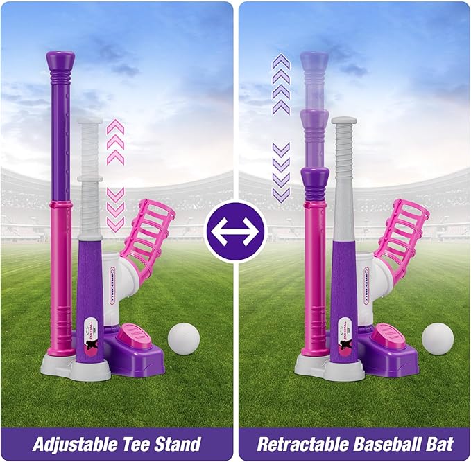 Tball Set for Toddlers 3-5, Tee Ball Set with Step on Pitching Machine/Adjustable Batting Tee/Retractable Baseball Bat/8 Pop Up Balls, Outdoor Sport Toy Games for Kids Girls