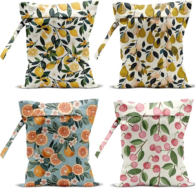 4 Pack Cute Fruit Wet Bag Waterproof Washable Reusable Wet Dry Bag for Swimsuit Dirty Clothes Cloth Diaper Travel Beach Pool Yoga Gym Toiletries Travel Beach Essentials Lemon Orange Peach Pear