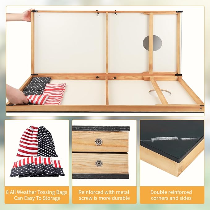 Cornhole Set, Corn Holes Outdoor Game, Regulation 2X4 Cornhole Boards, Portable Cornhole Set, Classic American Flag Cornhole Set Includes 2 Boards, 8 Cornhole Beans Bags & Carry Case