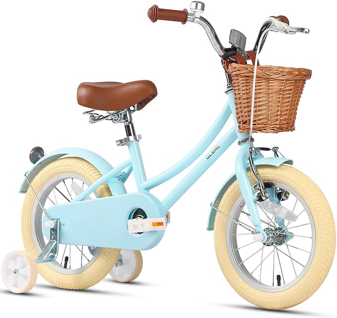 Glerc Little Molly 12-20 Inch Kids Retro Cruiser Bike for 2-13 Year Old with Wicker Basket & Training Wheels/Kickstand, Multiple Colors
