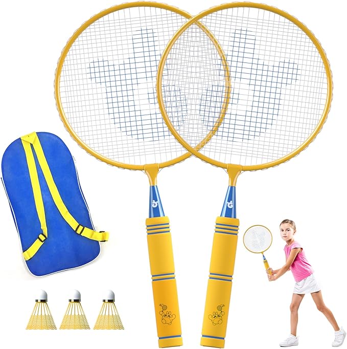 JOY SPOT! Kids Badminton Rackets Set with Soft Grip, Oversize & Lightweight Shuttlecocks Racquet with Carry Bag for Children Youth, 2 Player Sport Game for Indoor Outdoor Backyard