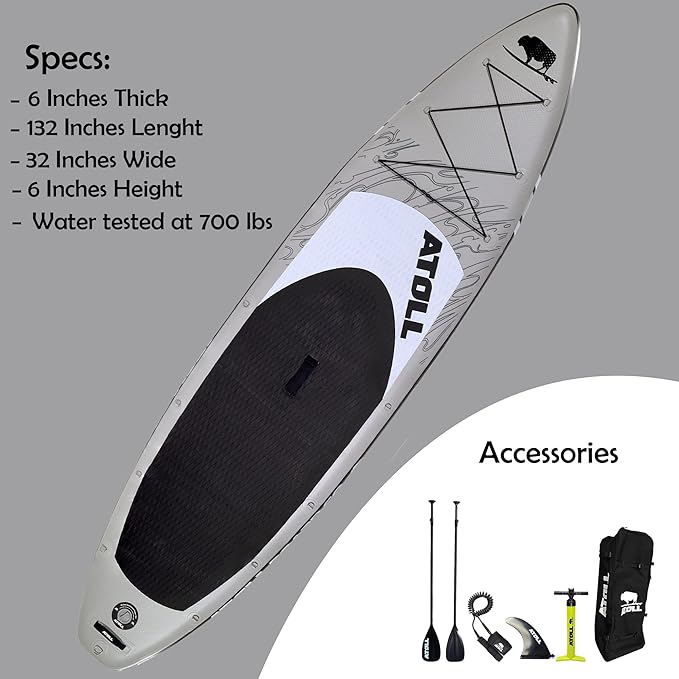 Atoll Inflatable Stand Up Paddle Board ISUP, Bravo Hand Pump and 3 Piece Paddle, Travel Backpack and Accessories New Leash Included Two Sizes - 11ft and 9ft