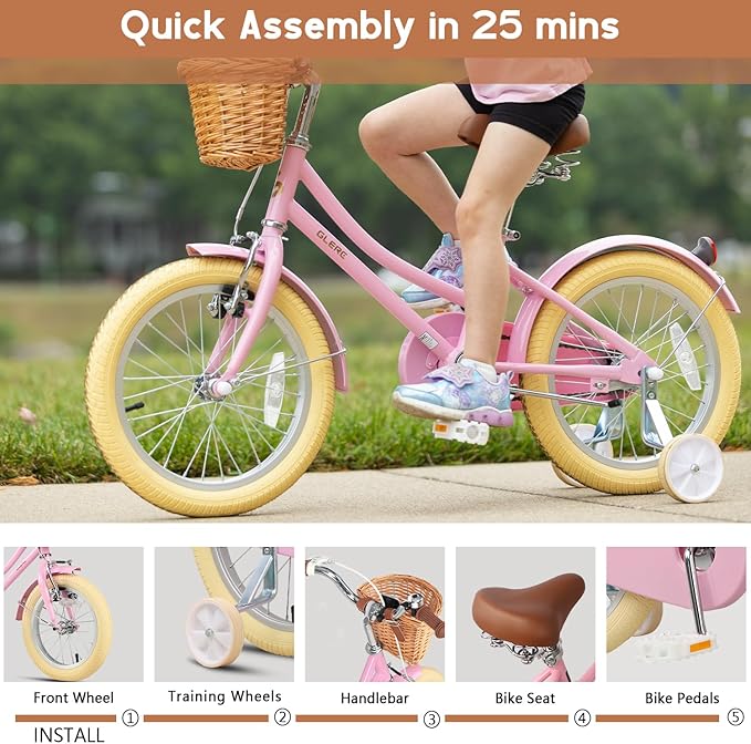 Glerc Little Molly 12-20 Inch Kids Retro Cruiser Bike for 2-13 Year Old with Wicker Basket & Training Wheels/Kickstand, Multiple Colors