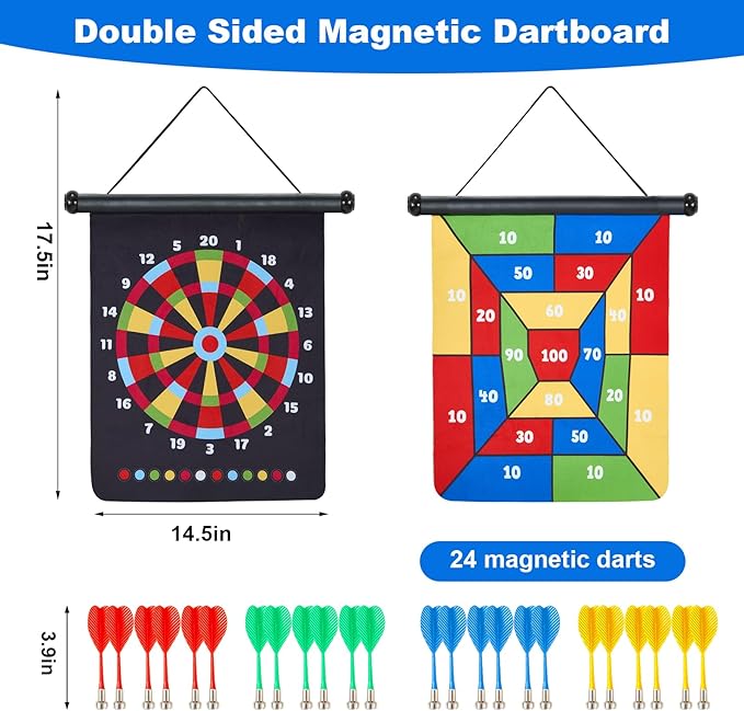 Magnetic Dart Board with 24pcs Darts,Indoor Outdoor Dart Game for Kids and Adults，2in1 Rollup Safe Dart Flights Toys Set for 3-12 Year Old Boys Girls Christmas Birthday Gifts