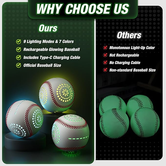 Light up Baseball with LED Rechargeable, 9 Lighting Modes Glow in The Dark Baseball, Official Size Leather Weighted Baseballs for Day Night Indoor Outdoor, Sport Toys Games Gifts for Boys 8-12