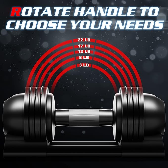 Adjustable Dumbbell,22LBS 44LBS 52LBS Dumbbell Set with Tray for Fitness, Fast Adjust Weight by Turning Anti-Slip Handle, Safety with 8 Lock Slots, Suitable for Men and Women