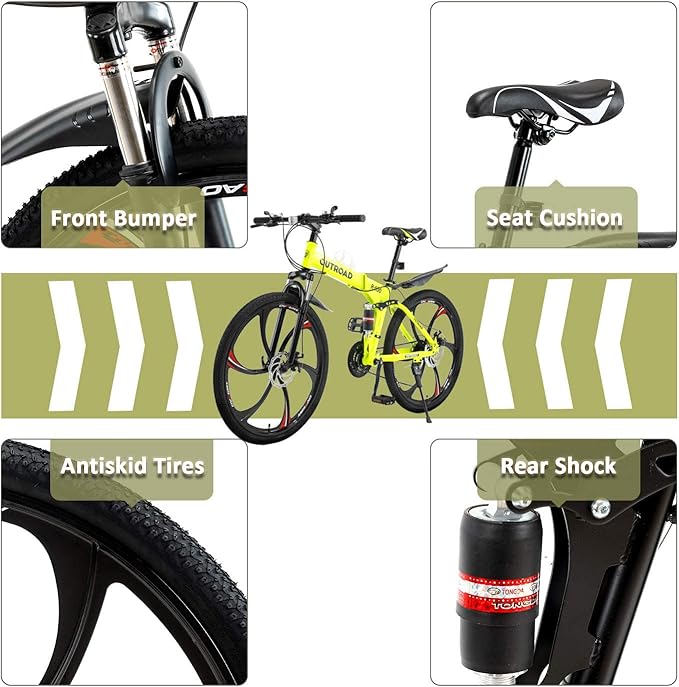 26 ich Folding Mountain Bike, 21 Speed High Carbon Steel Mountain Bike for Adults with 26 Inches Durable Tires, Front Suspension Folding Bicycle for Women and Man