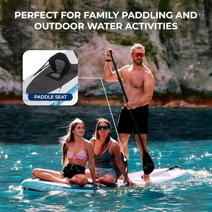 SereneLife 12’2” Inflatable Paddle Board - XL Family Stand Up Paddleboard with Seat for 2 Adults 1 Child - 34” Wide Stable Design with Non-Slip EVA Deck Pad, Premium SUP Accessories, 450 lbs Capacity