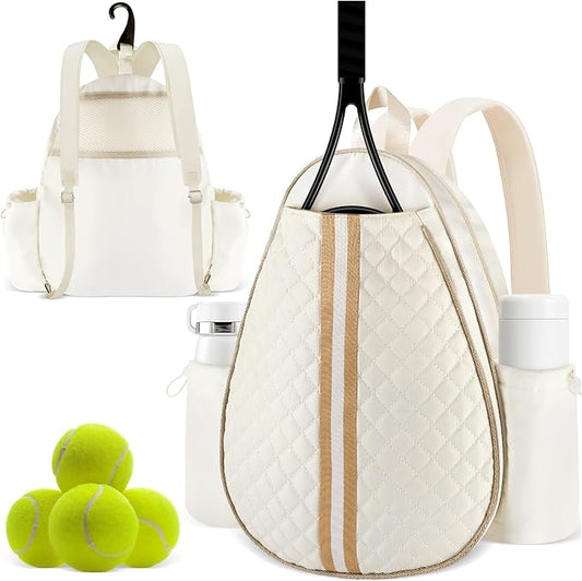 Tennis Bags for Women Quilted Large Tennis Sling Bag Crossbody Backpack Holds 2 Rackets Water Resistant Racket Bag Cover One Shoulder Pickleball Bags for Badminton Racquet Racketball (White)