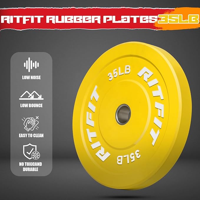 RitFit Color Coded Olympic Bumper Plate for Barbell - 2-Inch Weight Plates With Steel Insert, Rubber Weights for Strength Training in Home Gym