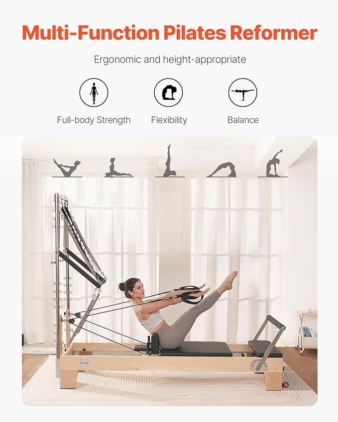 VEVOR Pilates Reformer Machine, Pilates Workout Equipment for Home Gym Studio Use, Pilates Bed with Dual Resistance- Spring & Cord, Reformer Set, Up to 400 LBS