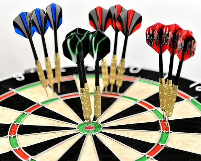 LinkVisions Dartboard with Staple-Free Bullseye, 18g Steel Tip Darts Set,12 Steel Tip Darts 18g, Dartboard Mounting Kits Included