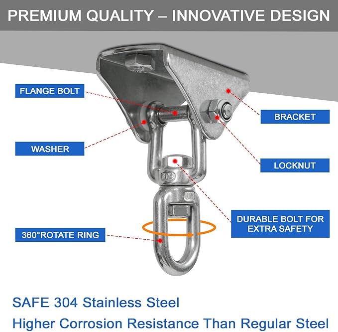 Yes4All Punching Bag Hanger, Stainless Steel Swivel Chain with 4 Snap Hooks for Heavy Bag, Gym Swing, Trapeze, and Hammock