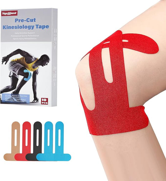 Waterproof Kinesiology Tape for Shoulders/Knees, 10 Precut Strips for Knee Pain Relief & Stability Support (Red), Elastic Strong Adhesive Athletic Tape, Latex-Free Hypoallergenic Sports Tape