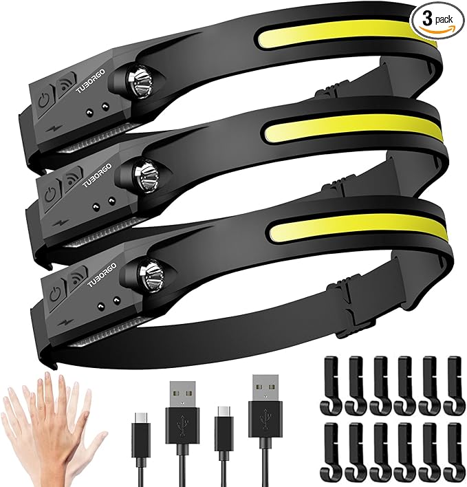 Rechargeable Headlamp 3PCS, 230° Wide Beam Head Lamp, Motion Sensor LED Headlamp Rechargeable, 6 Mode Headlamps for Adults, Bright Head Lights for Forehead, Hard Hat Headlight