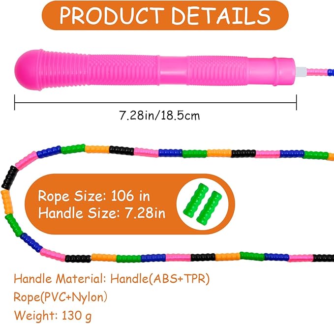 Beaded Jump Rope 1 Pack/2 Pack, ACEONE Segmented Skipping Rope for Kids Adults, Adjustable Tangle-Free Toddler Jumping Rope for Fitness Exercise Training