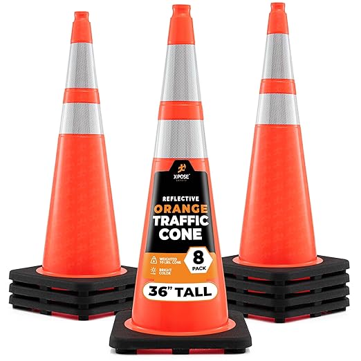 Xpose Safety 36 Inch Orange Traffic Cones with 6" & 4" Collars, 8-Pack - Multipurpose PVC Plastic Safety Cone for Parking, Soccer, Caution, Kids and Construction - DOT Approved