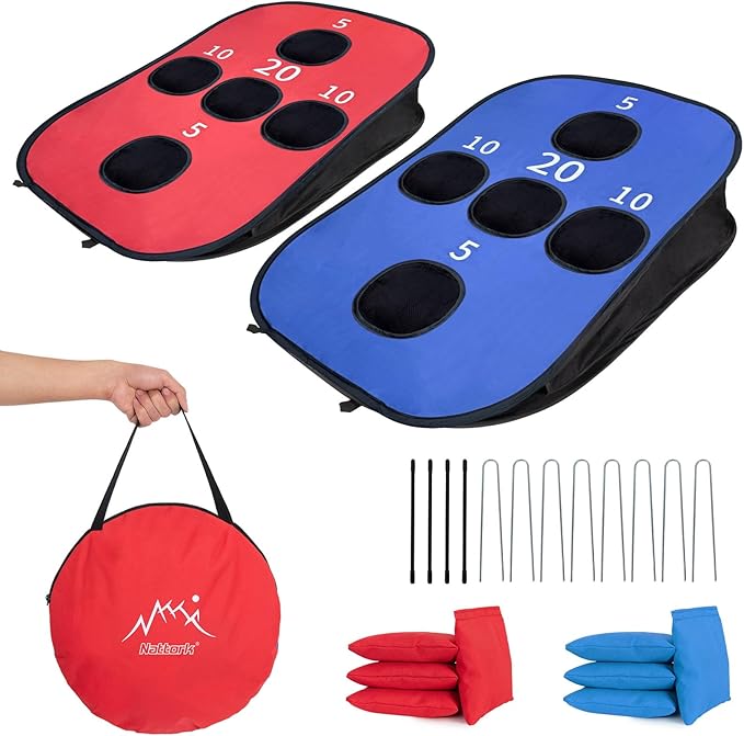 Portable Cornhole Set PVC Framed Corn Holes Outdoor Game Set with 2 Cornhole Boards, 8 Cornhole Bean Bags and Carrying Case, Camping Games Indoor Outdoor for Kids and Adults, Travel Camping Accessory