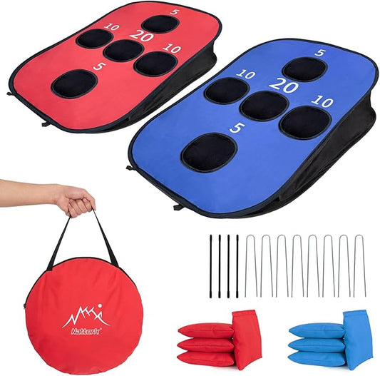 Portable Cornhole Set PVC Framed Corn Holes Outdoor Game Set with 2 Cornhole Boards, 8 Cornhole Bean Bags and Carrying Case, Camping Games Indoor Outdoor for Kids and Adults, Travel Camping Accessory