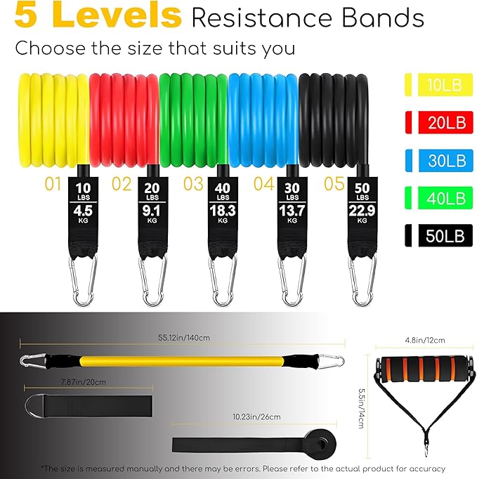 Resistance Bands Set with Door Anchor Training System, 5 Colors Stackable up to 150LBS, Includes 5-Angle Door Training Tool, Home Full Body Workout Bands, Handles, Ankle Straps, Portable Bag