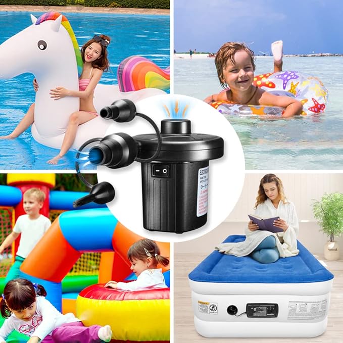 Electric Air Pump, 110V AC/12V DC Portable Air Mattress Two-Way Universal Inflator Pump for Inflatables Pool, Airbeds, etc with 3 Nozzles and Storage Bag