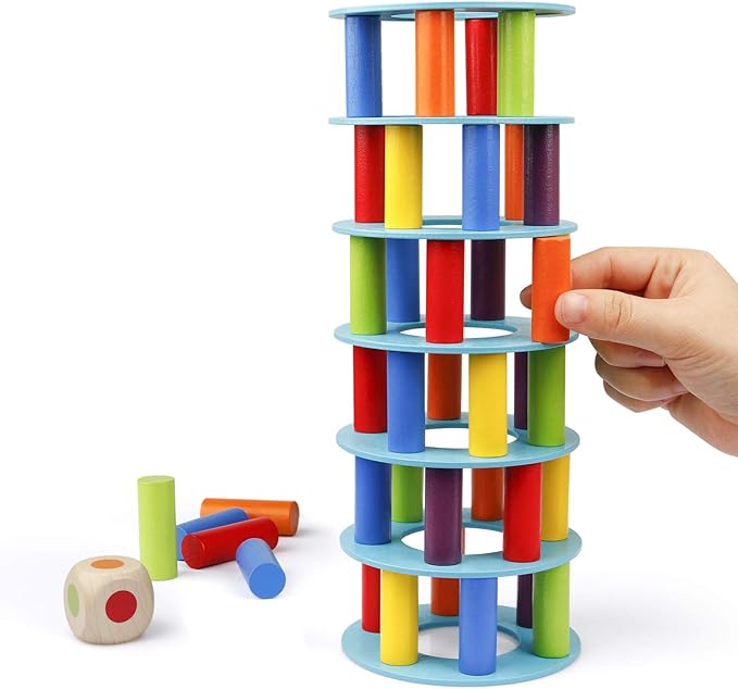 Coogam Wooden Tower Stacking Game, Fine Motor Skill Montessori Building Blocks with Dice Toppling Leaning Tower Toy Party Family Games for Kids and Adults