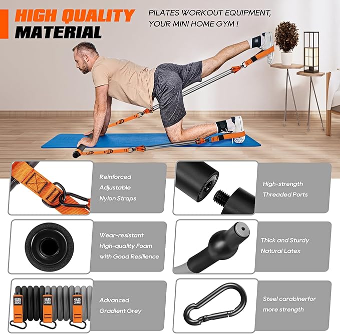 Pilates Bar Kit with Resistance Bands, Heavy Duty Pilates Equipment for Men, Strength Training Bar for Legs, Hip, Back, Arm, Abs, Chest, Shoulders, Portable Home Gym Full Body Workout Equipment