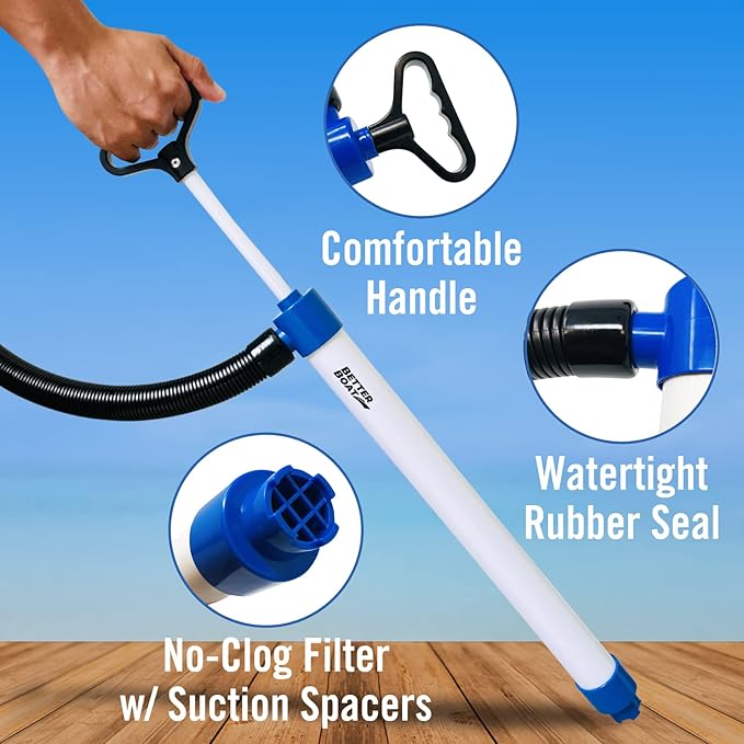 Manual Bilge Pump for Boats, Kayak, Canoe, Hand Water Pump with Hose, Portable Handheld Siphon Bailer, 25 Gallons Per Minute Suction, Marine Grade Large