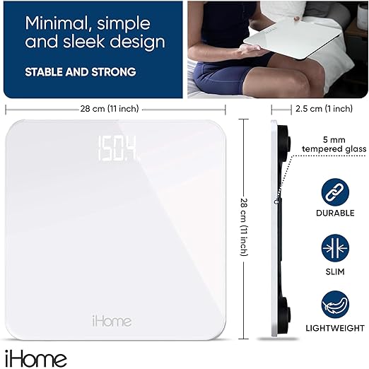 iHome Digital Scale, Bathroom Scale, Batteries Included, Scale Body Weight, Weight Scale, Digital Scale, Bathroom Scales for Weight, Digital Scales for Body Weight (White)