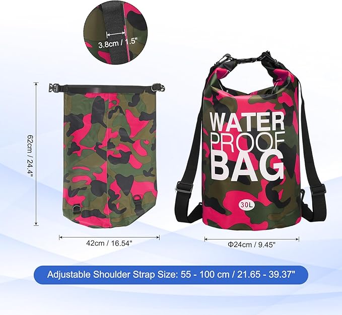 Waterproof Dry Bag, 30L Fit for Women Men Water Proof Bags Lightweight Dry Storage Floating Backpack with Whistle for Travel Boating Kayaking (Rose Red Camouflage)