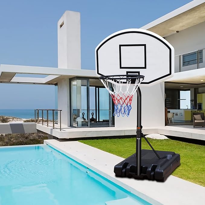 Pool Basketball Hoop, Adjustable Poolside Basketball Hoop with Wheels, Outdoor Height Adjustable Swimming Pool Basketball Goal Set, Perfect for Swimming Pool & Home Play
