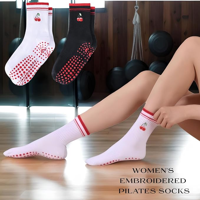 EUDOLAH Cute Yoga Socks for Women Pilates Barre Breathable Non-Slip Crew Grip Sock With Stripes Anti-friction Athletic Socks