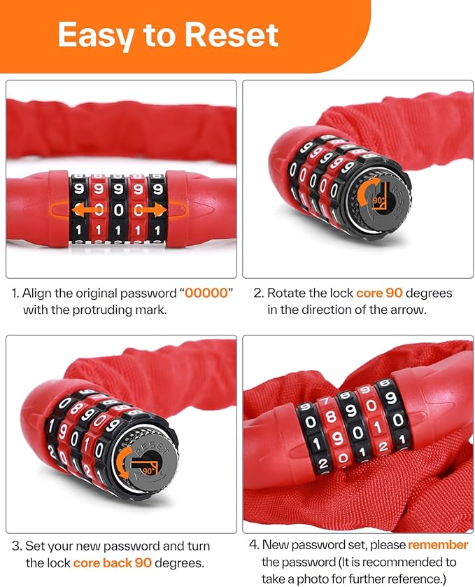 Sportneer Bike Lock: 5 Digit Combination High Security Anti Theft Bike Chain Lock - 3.2/3.6/4ft Heavy Duty Keyless Bicycle Lock for Bike, Motorcycle, Scooter, Door & Gate - 4/6mm Thick, Easy to Use