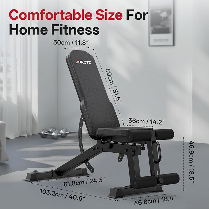 JOROTO MD65 Adjustable Weight Bench, 1700LB Heavy Duty Workout Bench for Home Gym, Flat Incline Decline Sit Up Utility Bench Press with 9 Backrest and 3 Seat Positions, Removable Leg Support and Wheels