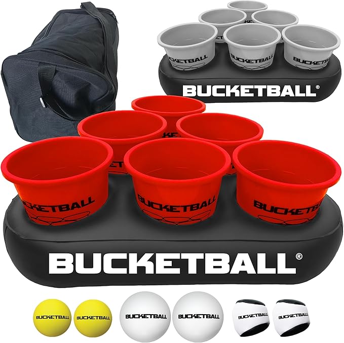 BucketBall | Team Color Edition | Party Pack (Red/Silver): Original Yard Pong Game: Best Camping, Beach, Lawn, Outdoor, Family, Adult, Tailgate, Jumbo, Giant Game
