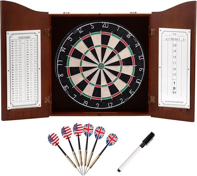 GSE Games & Sports Expert Professional Solid Wood Classic Dartboard Cabinet with Sisal/Bristle Dartboard, Scoreboard, and 6 Steel Tip Darts, Easy Assembly Complete with All Accessories (Deluxe Walnut)