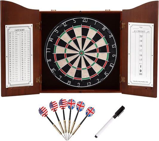 GSE Games & Sports Expert Professional Solid Wood Classic Dartboard Cabinet with Sisal/Bristle Dartboard, Scoreboard, and 6 Steel Tip Darts, Easy Assembly Complete with All Accessories (Deluxe Walnut)