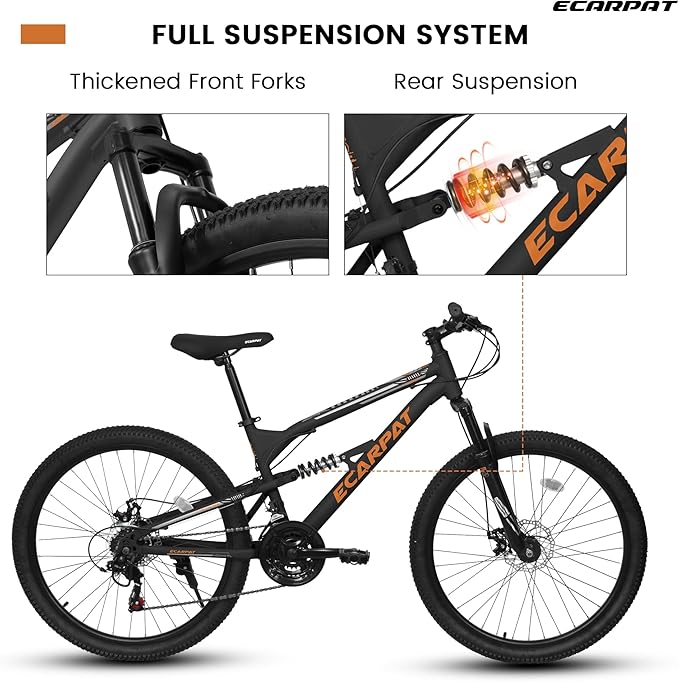 Ecarpat 24/26/27.5 Inch Mountain Bike, Dual/Front Suspension Mens Mountain Bike with 21 Speeds High-Carbon Steel Frame and Disc/V Brakes, Adult Sport Bicycle for Trail Snow Commuter City Road