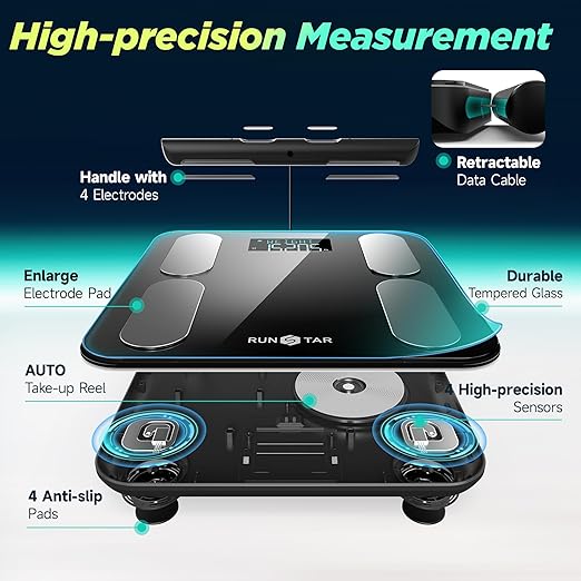 Runstar Scale for Body Weight and Fat, BMI Muscle Mass to 28 Measurements, FSA&HSA Eligible Digital Bathroom Scales 8-Electrode with Voice Prompt High Accurate Bluetooth Weight Scale