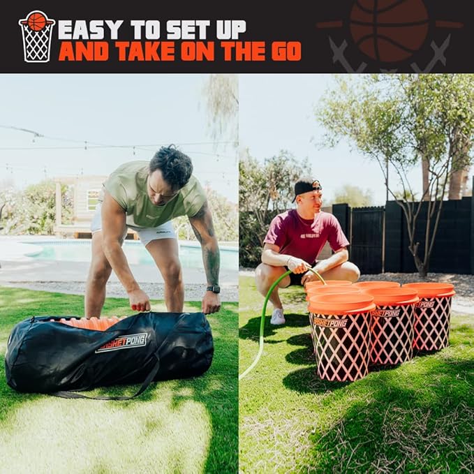 Giant Yard Pong and Basketball Game with 12 Buckets, 2 Balls, Carrying Bag, and Air Pump – Outdoor Game for Lawn, Backyard, Beach, and Parties